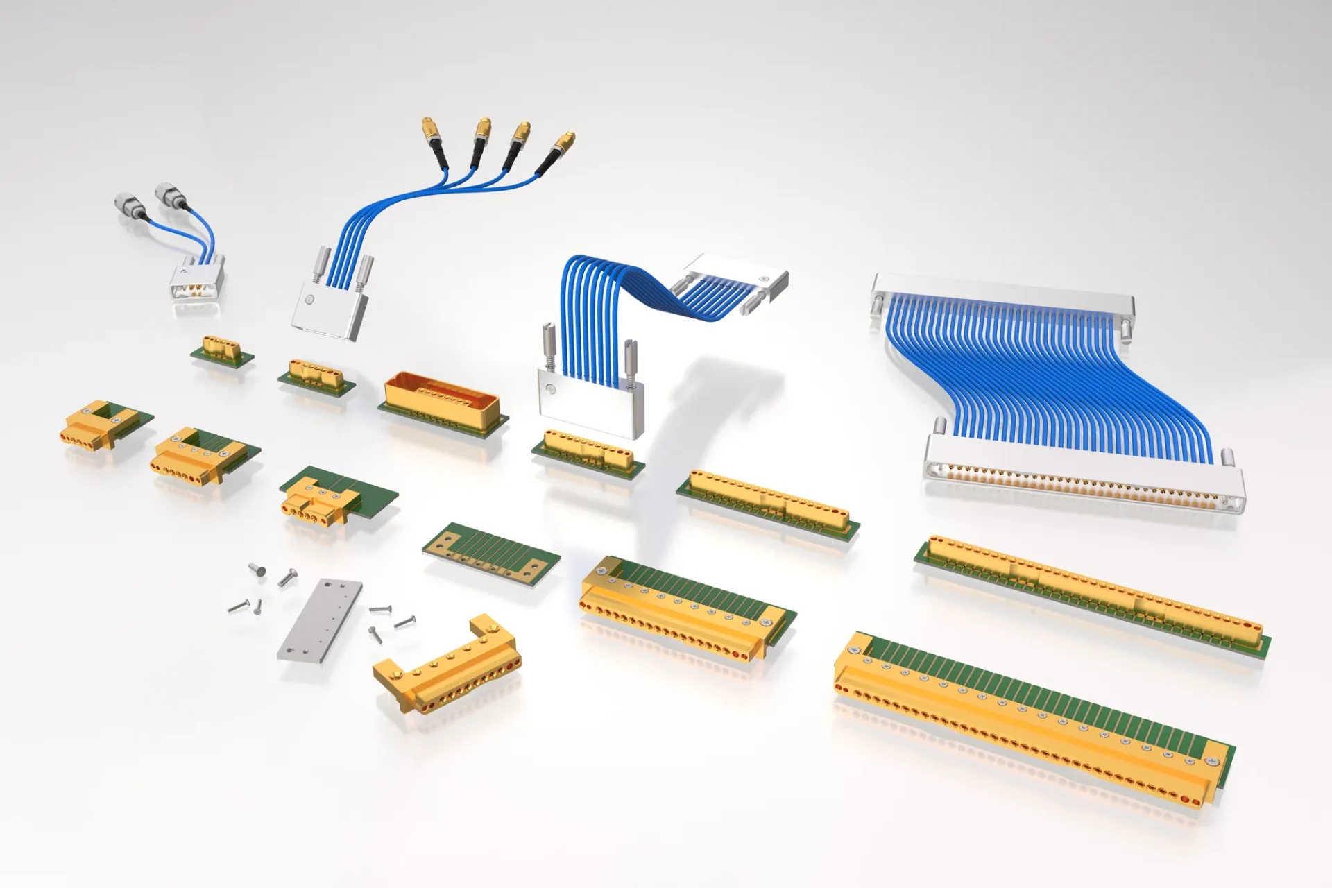 The SMPX ecosystem: vertical and edge launch board mount connectors alongside 2 to 32 channel ganged cable assemblies